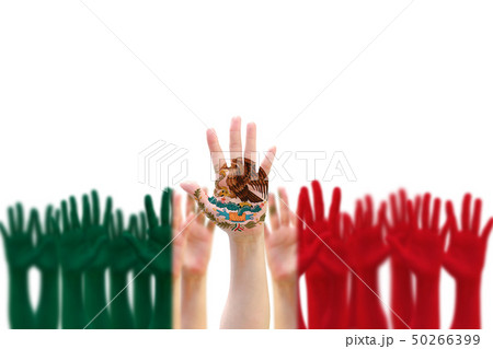 Mexico national flag pattern on hands raising up 50266399