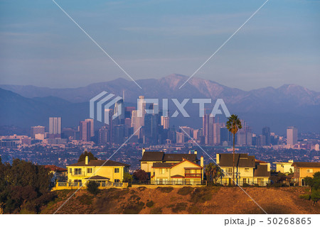 Luxury villas of Los Angeles in California with city skyline in the background 50268865