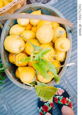 Wicker basket full of lemons on the italian street od Corniglia Wicker basket full of lemons on the italian street od Corniglia 50275201
