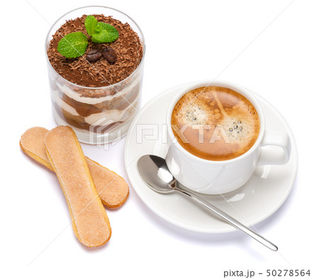Classic tiramisu dessert in a glass and cup of coffee isolated on a white background with clipping 50278564
