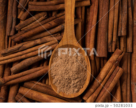 Texture of cinnamon sticks  and wooden spoon macro 50281033