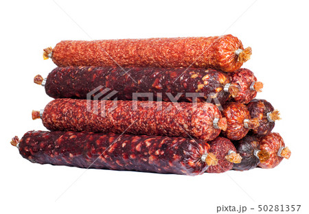 a large assortment of salami isolated 50281357
