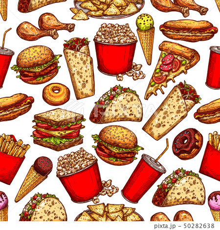 Fast food snacks, desserts seamless sketch pattern Fast food snacks, desserts seamless sketch pattern 50282638