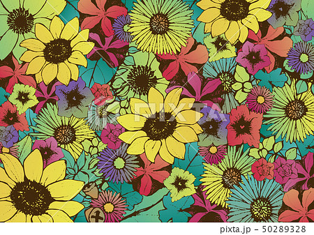 レトロ調 夏の背景素材 向日葵 手書きの花柄 和柄のイラスト素材