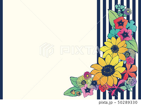 レトロ調 夏のフレーム 向日葵 手書きの花柄 背景素材 和柄 ストライプのイラスト素材