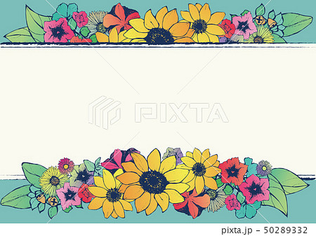 レトロ調 夏のフレーム 向日葵 手書きの花柄 背景素材 和柄のイラスト素材
