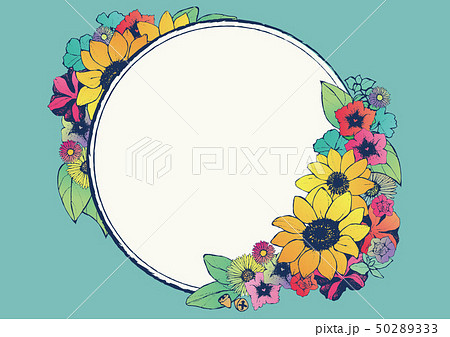 レトロ調 夏のフレーム 向日葵 手書きの花柄 背景素材 和柄のイラスト素材