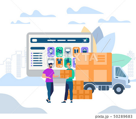 Man Worker Giving Parcel Box to Young Recipient Man Worker Giving Parcel Box to Young Recipient 50289683
