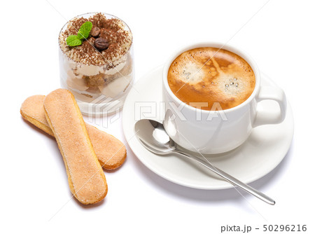Classic tiramisu dessert in a glass and cup of coffee isolated on a white background with clipping 50296216