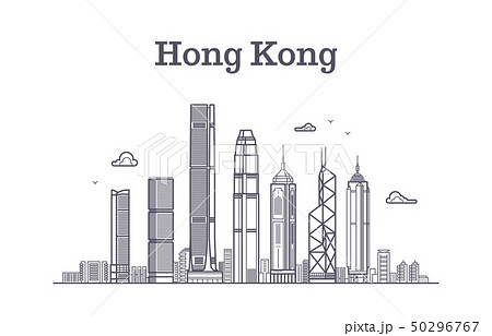 China hong kong city skyline. Architecture landmarks and buildings vector line panorama 50296767