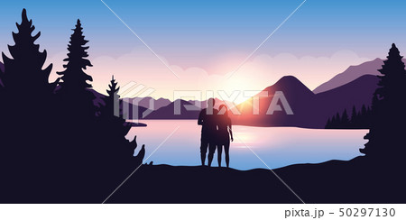 young couple by the river enjoy the forest nature landscape at sunrise 50297130
