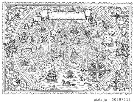 Black And White Map Of Fantasy Landのイラスト素材