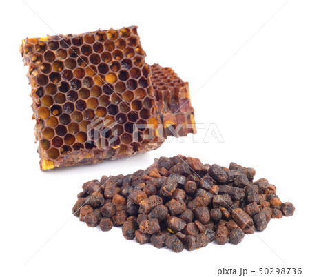 Bee bread granules and a piece of honey cells are 50298736