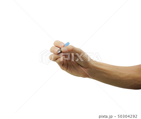 A man hand holding blue pen isolated on white A man hand holding blue pen isolated on white 50304292