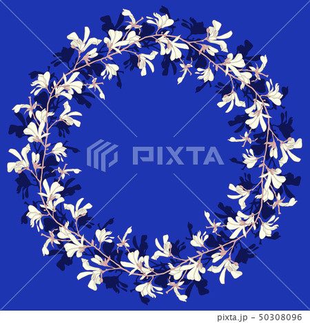 Floral frame with magnolia tree blossom. Blue background with branch and magnolia flower. Spring Floral frame with magnolia tree blossom. Blue background with branch and magnolia flower. Spring 50308096