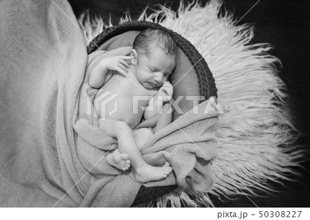 naked newborn baby sleeping curled up in a ball 50308227