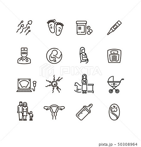 Pregnancy and newborn child line vector icons. Motherhood and infant baby pictograms 50308964