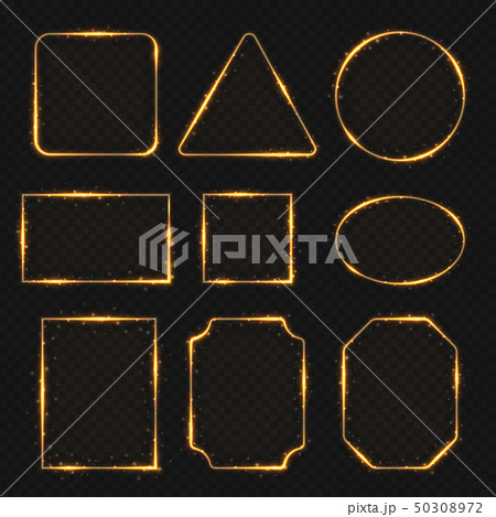 Golden neon shiny electric rectangle borders. Glisten round and oval banners 50308972