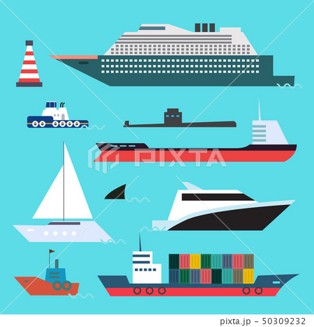 Flat style set of sea transport on blue water 50309232