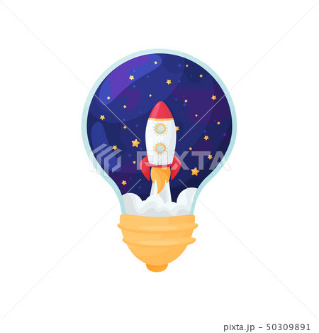 Rocket takes off. Figure inside the light bulb. Vector illustration. Rocket takes off. Figure inside the light bulb. Vector illustration. 50309891