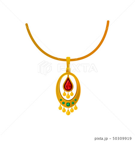 Gold pendant with precious stones on a chain. Vector illustration. 50309919