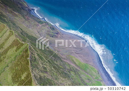 Aerial view of volcanic crater (Caldeirao) with a 50310742
