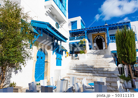 Cityscape with typical white blue colored houses Cityscape with typical white blue colored houses 50311135