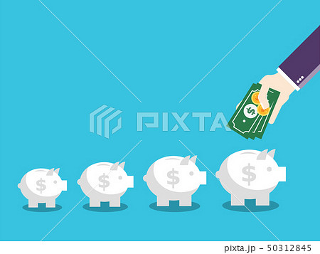 Business hand insert money into the piggy bank. Business hand insert money into the piggy bank. 50312845