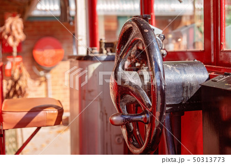 Steering Wheel In Driver's Cabin Of Vintage Tram Steering Wheel In Driver's Cabin Of Vintage Tram 50313773