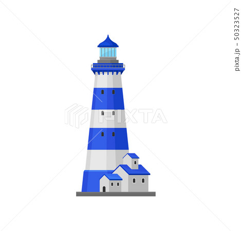 Lighthouse with stripes near the house. Vector illustration. Lighthouse with stripes near the house. Vector illustration. 50323527