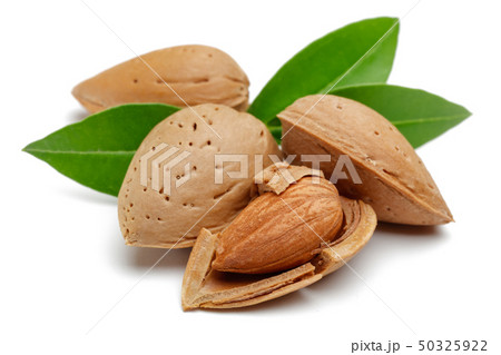 Group of almonds with leaves isolated on white Group of almonds with leaves isolated on white 50325922
