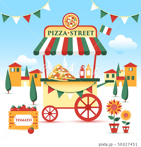 Pizza street food cart. Colorful vector illustration, cartoon style, on italian landscape. 50327451