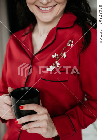 morning woman red pajamas smile flower cup 50328058