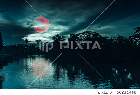 Night sky and blood moon  above silhouettes of 50331469
