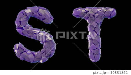 Letter set S, T made of 3d render plastic shards purple color. Letter set S, T made of 3d render plastic shards purple color. 50331851