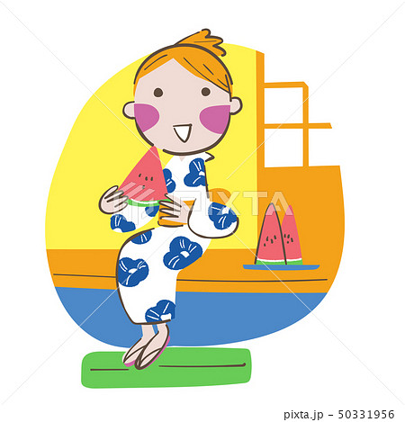 縁側に座りスイカを食べる浴衣姿の女性 イラストのイラスト素材