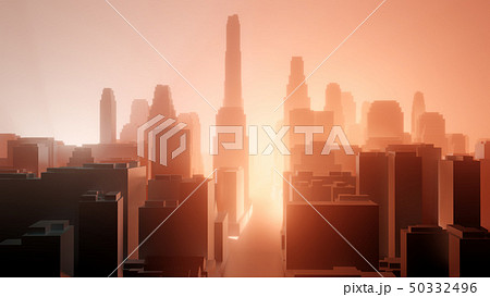 City in red fog. Air pollution or military action 50332496