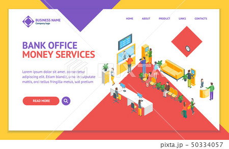 Bank Office Interior Landing Web Page Template Isometric View. Vector 50334057
