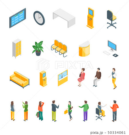 Bank Office Interior with Furniture and People Icons Isometric View. Vector 50334061