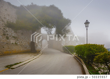 Erice at fog, Trapani province, Sicily, Sicilia, 50335937