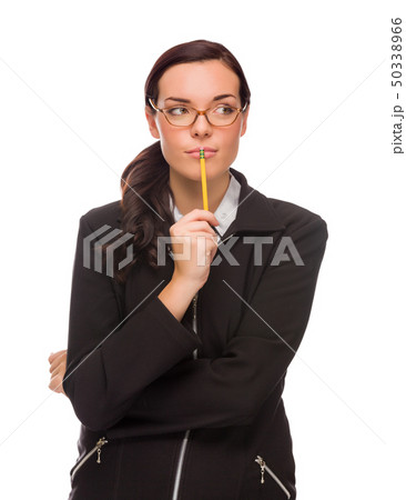 Mixed Race Businesswoman with Pencil Looks To Side Mixed Race Businesswoman with Pencil Looks To Side 50338966