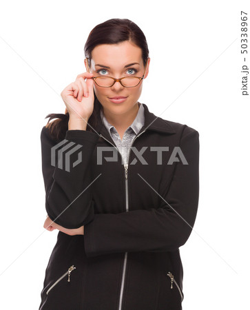 Serious Mixed Race Businesswoman Isolated on White 50338967