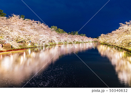 ライトアップされた「弘前城西濠」 春陽橋からの風景 ライトアップされた「弘前城西濠」 春陽橋からの風景 50340632