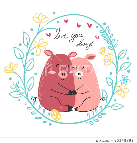 Cute Drawing Couple Pink Pig Lover Hug Togetherのイラスト素材 5034