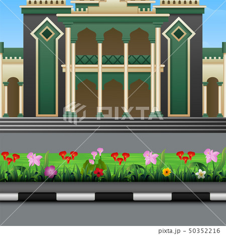 Islamic mosque building with a flowers on the road Islamic mosque building with a flowers on the road 50352216