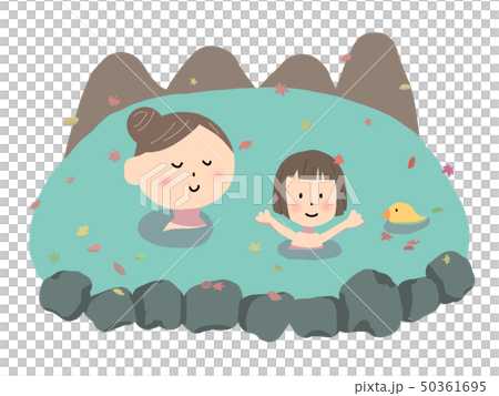 山と露天風呂で入浴する女性と子供 50361695