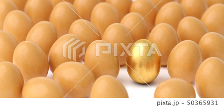 background of fresh eggs with one golden egg. 3d rendering concept. 50365931