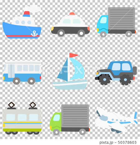 寒色系のシンプルで可愛い乗り物のイラストセット　主線なし 50378603