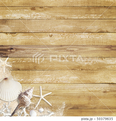 背景 海 夏 ビーチ 貝殻 砂 ウッドデッキのイラスト素材