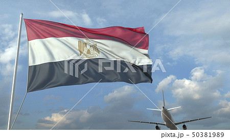 Airliner flying over waving flag of Egypt. 3D rendering 50381989